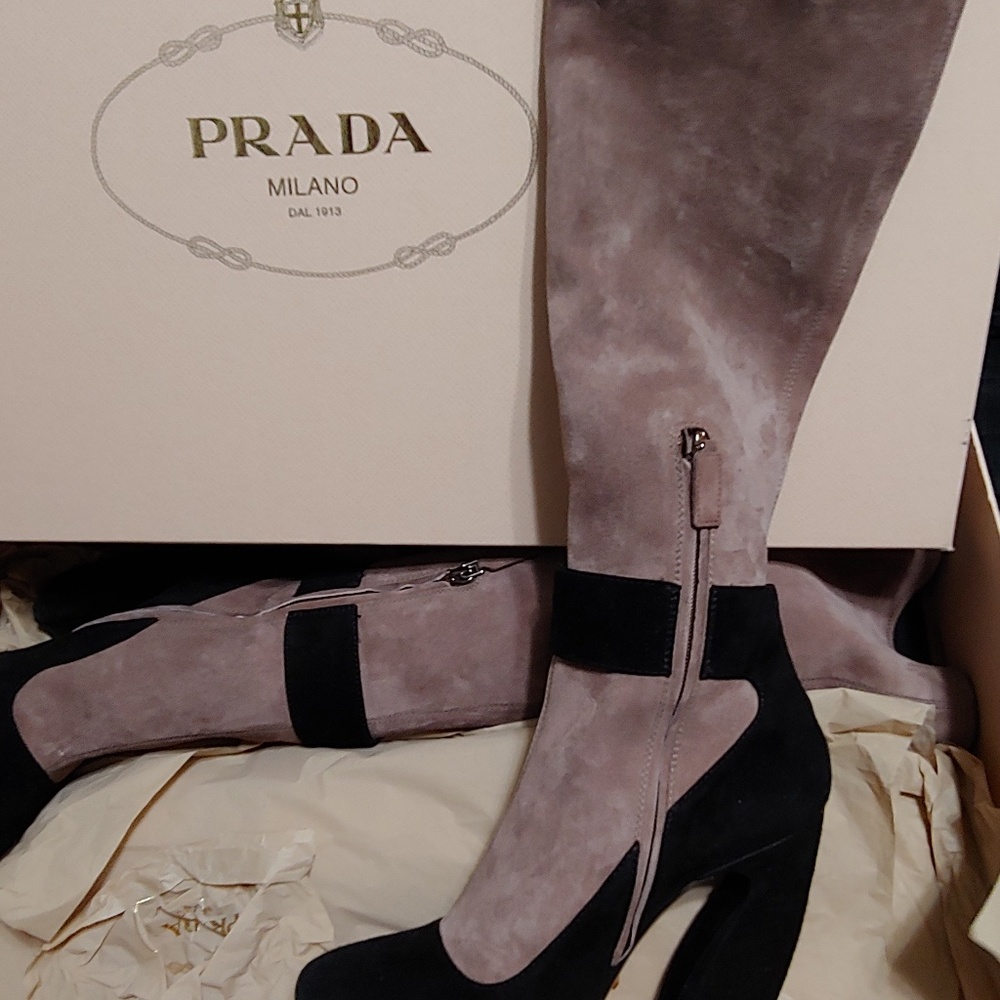 Prada knee high suede heeled boots